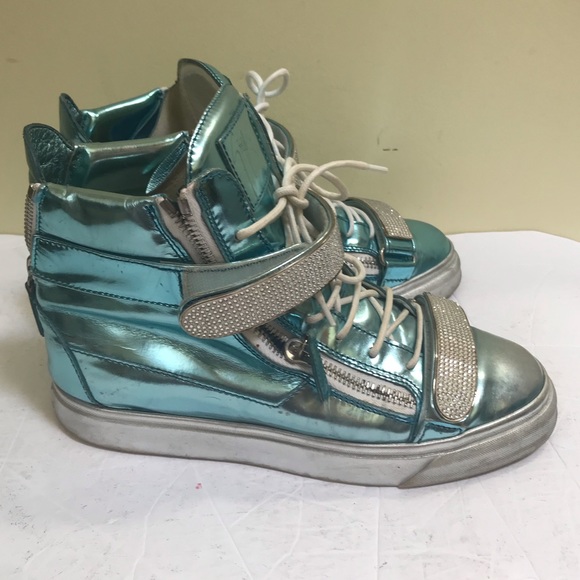 Giuseppe Zanotti Donna Metallic Patent Leather High Top Sneakers Shoes Crystals - Picture 11 of 17